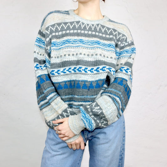 Vintage 80er 90er BENETTON Wollpullover Pullover wolle gemustert blau weiß grau 50 L