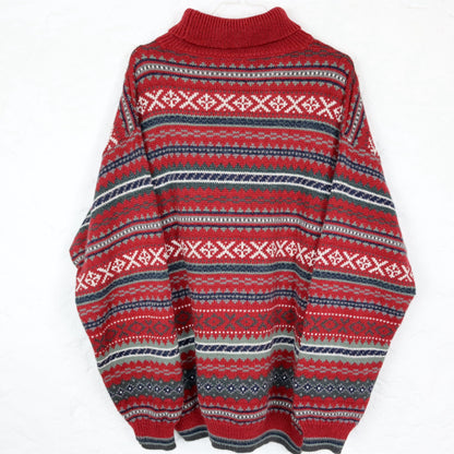 Vintage 80er 90er TRADER Wollpullover Pullover Rollkragen Alpaka Wolle gemustert rot L