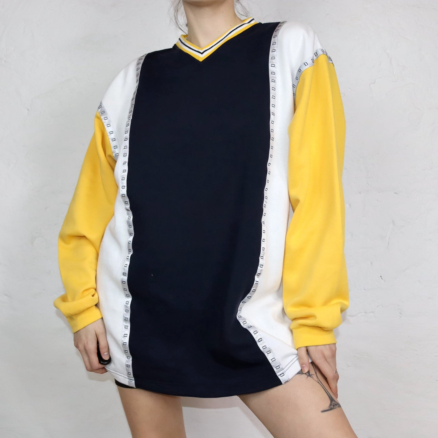 Vintage 80er 90er CRANE Sweatshirt Pullover V-Ausschnitt gelb weiß dunkelblau L