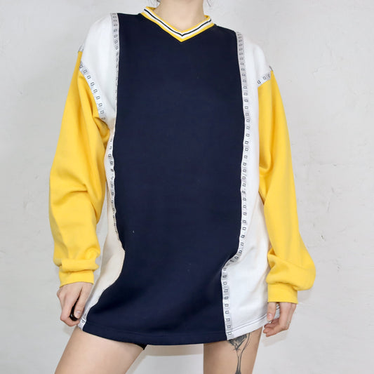 Vintage 80er 90er CRANE Sweatshirt Pullover V-Ausschnitt gelb weiß dunkelblau L