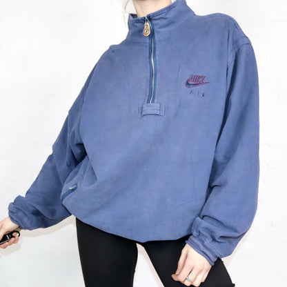 Vintage 80er 90er NIKE AIR Sweatshirt Pullover Stehkragen Taschen Reißverschluss dunkelblau M