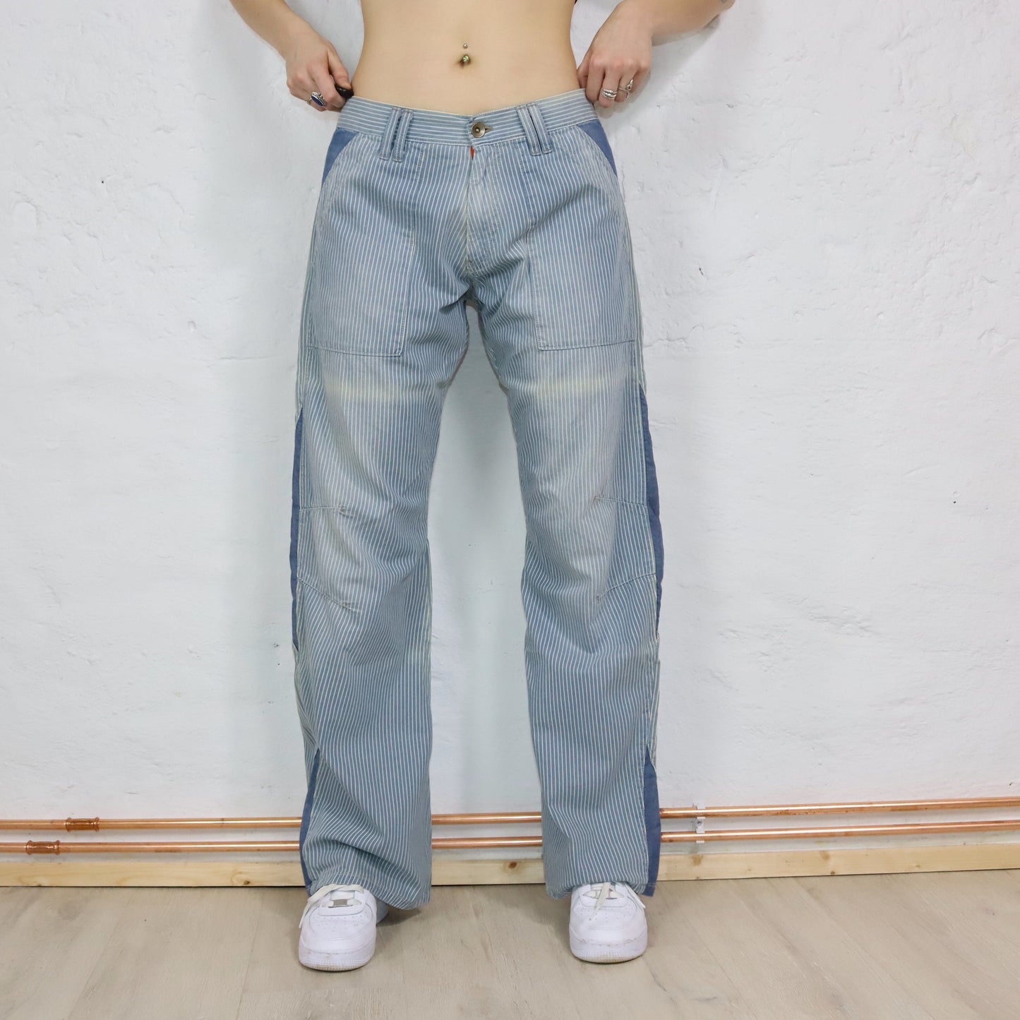 Vintage 90s 00s Y2k ENERGIE Baggy Pants Wide Leg Denim Striped Low Waist Deadstock W32