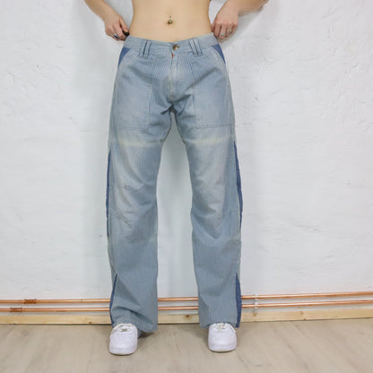 Vintage 90s 00s Y2k ENERGIE Baggy Pants Wide Leg Denim Striped Low Waist Deadstock W32