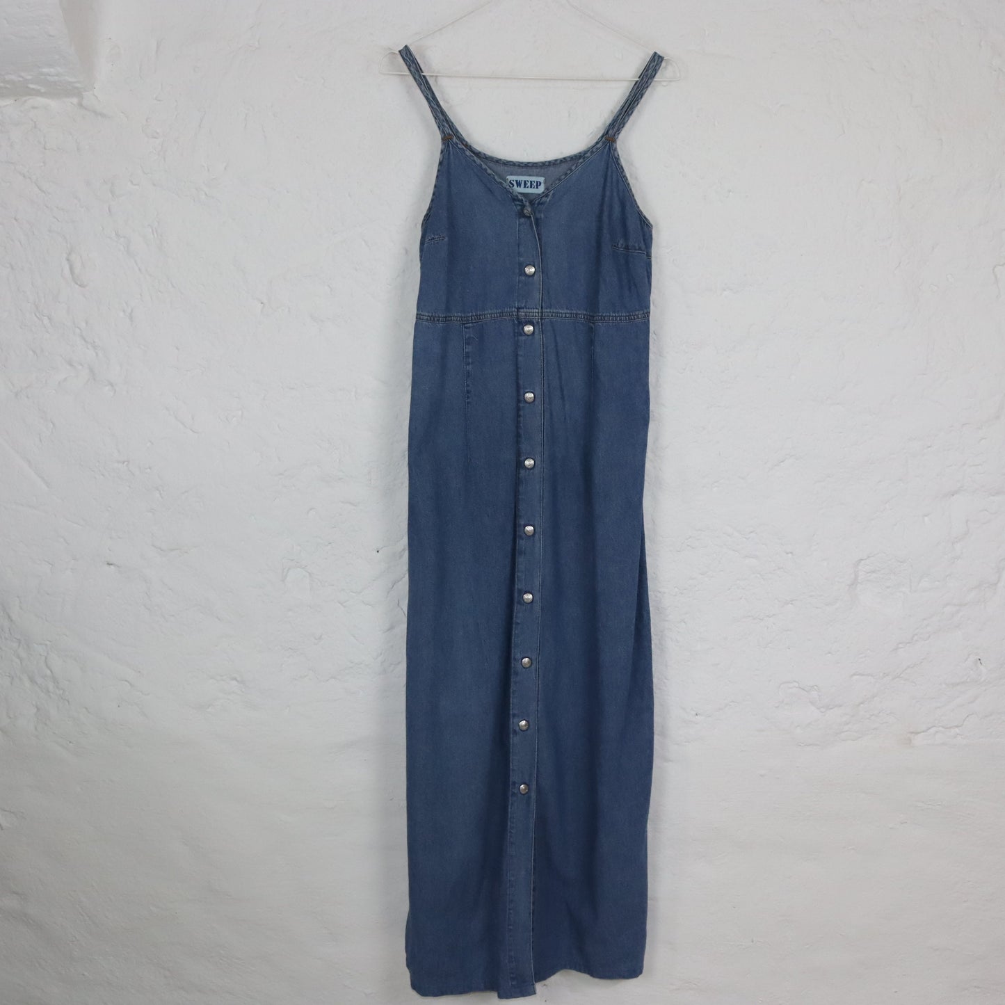 Vintage 80s 90s SWEEP Maxi Dress Denim Jeans Dress Button Front M