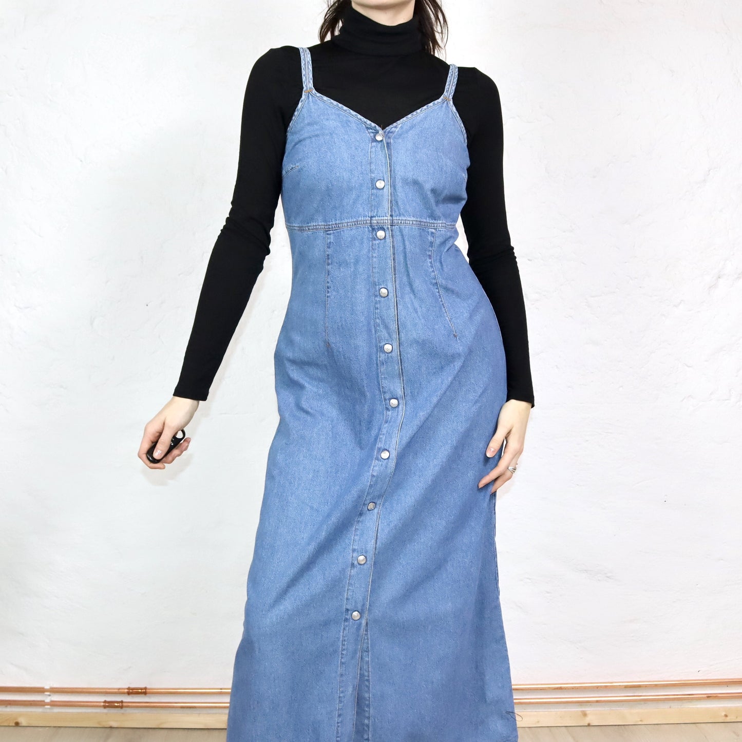 Vintage 80s 90s SWEEP Maxi Dress Denim Jeans Dress Button Front M