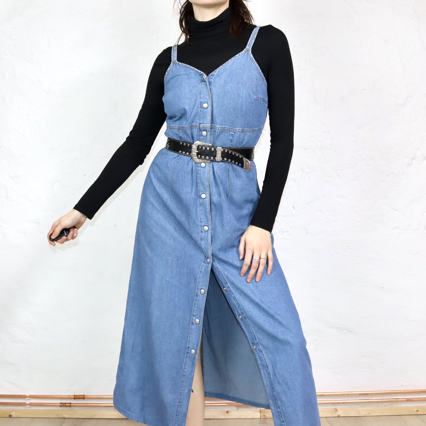 Vintage 80s 90s SWEEP Maxi Dress Denim Jeans Dress Button Front M