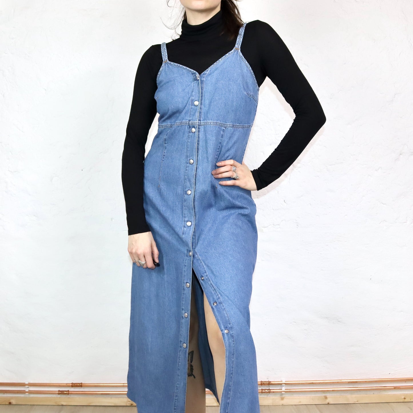 Vintage 80s 90s SWEEP Maxi Dress Denim Jeans Dress Button Front M