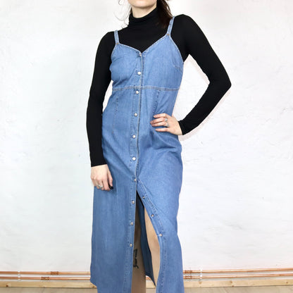 Vintage 80s 90s SWEEP Maxi Dress Denim Jeans Dress Button Front M