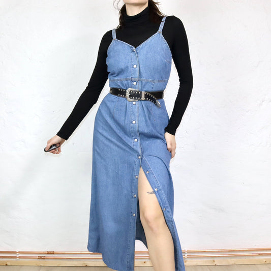 Vintage 80s 90s SWEEP Maxi Dress Denim Jeans Dress Button Front M