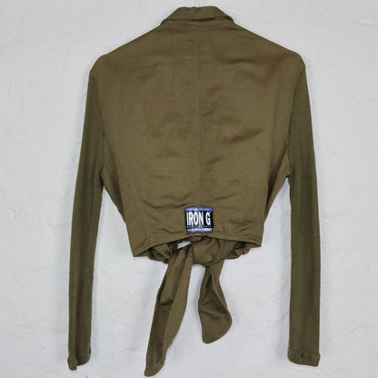 Vintage 80s 90s AVANT IRONS blouse shirt to tie long sleeve knit denim khaki 38
