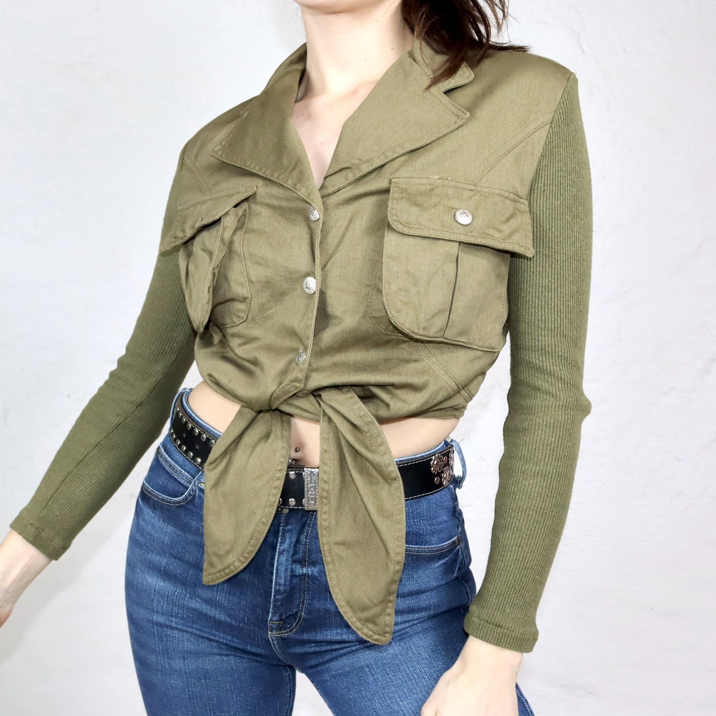 Vintage 80s 90s AVANT IRONS blouse shirt to tie long sleeve knit denim khaki 38
