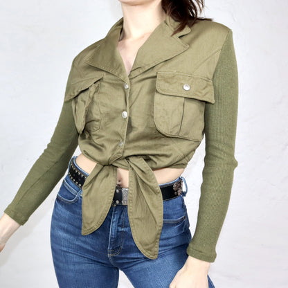 Vintage 80s 90s AVANT IRONS blouse shirt to tie long sleeve knit denim khaki 38