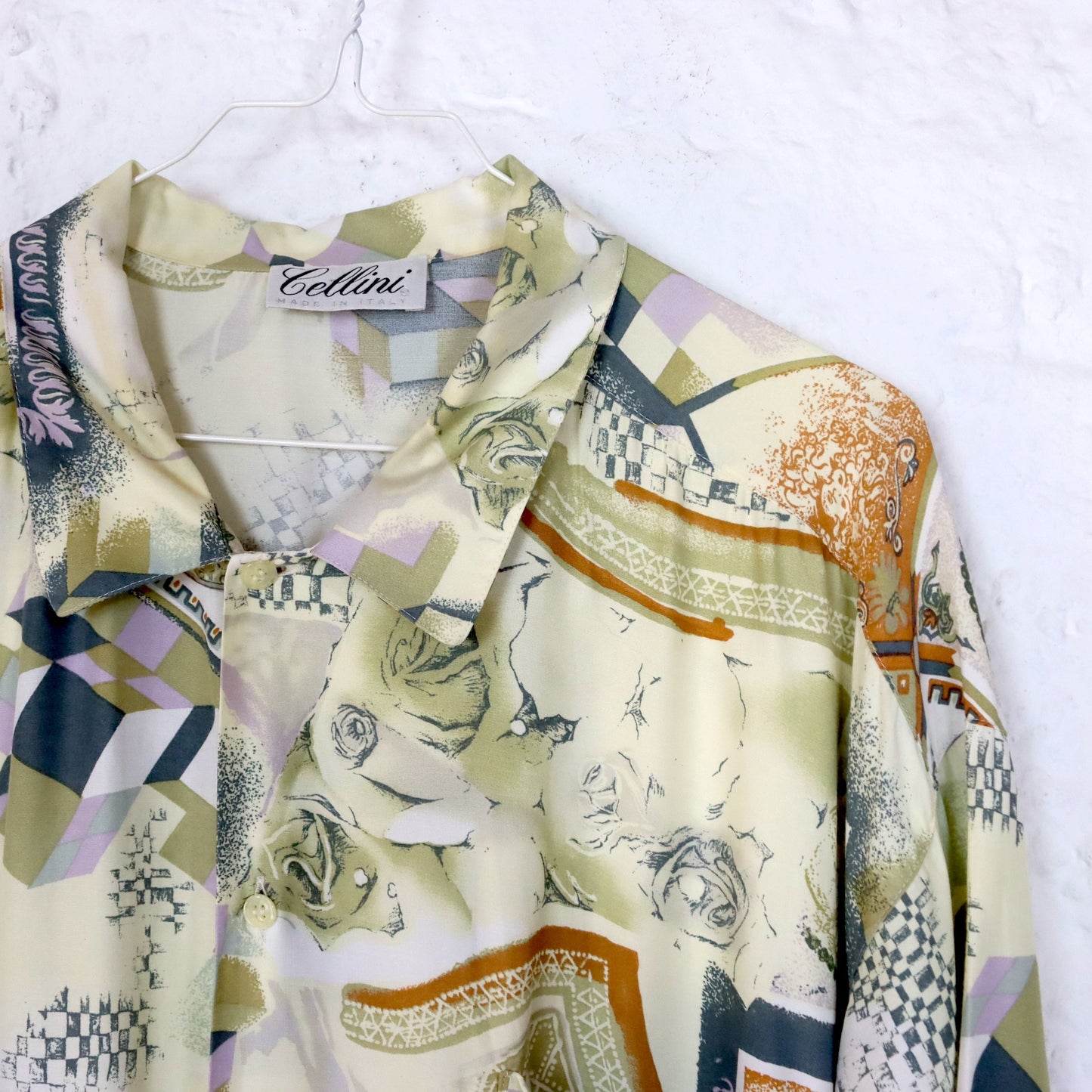 Vintage 80s 90s CELLINI shirt short sleeve crazy pattern Made in Italy viscose 56 XXL
