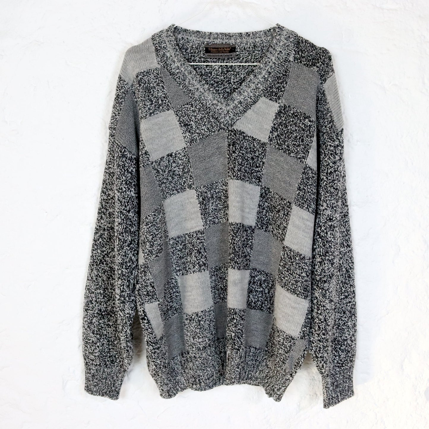 Vintage 80er 90er FILIPPO della VALLE Pullover Wollpullover Schachbrett V-Ausschnitt grau Made in Italy M