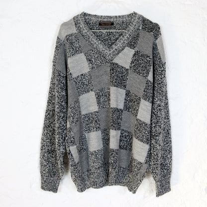Vintage 80er 90er FILIPPO della VALLE Pullover Wollpullover Schachbrett V-Ausschnitt grau Made in Italy M