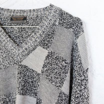 Vintage 80er 90er FILIPPO della VALLE Pullover Wollpullover Schachbrett V-Ausschnitt grau Made in Italy M