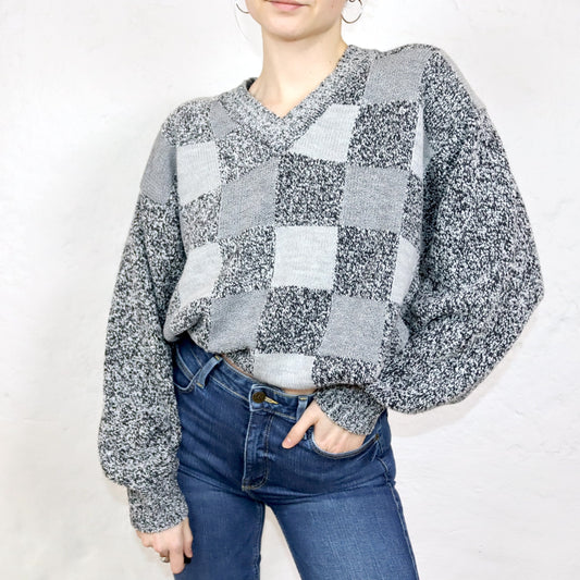 Vintage 80er 90er FILIPPO della VALLE Pullover Wollpullover Schachbrett V-Ausschnitt grau Made in Italy M