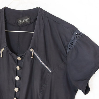 Vintage 80s 90s GIUJUSA one-piece jumpsuit short sleeve button row zips black M