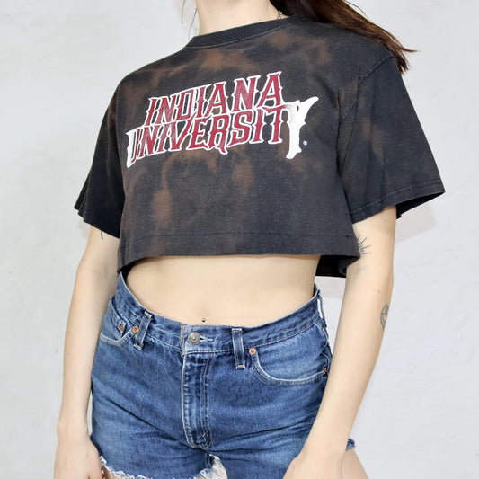 Vintage 80er 90er Reworked Crop T-Shirt Upcycled Batik schwarz Indiana University M