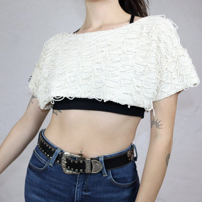 Vintage 90s 00s Y2k SPECIAL EFFECTS Crop Top Textured Fabric T-Shirt Short Sleeve Crop Top Cream White S