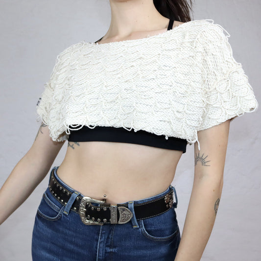 Vintage 90s 00s Y2k SPECIAL EFFECTS Crop Top Textured Fabric T-Shirt Short Sleeve Crop Top Cream White S
