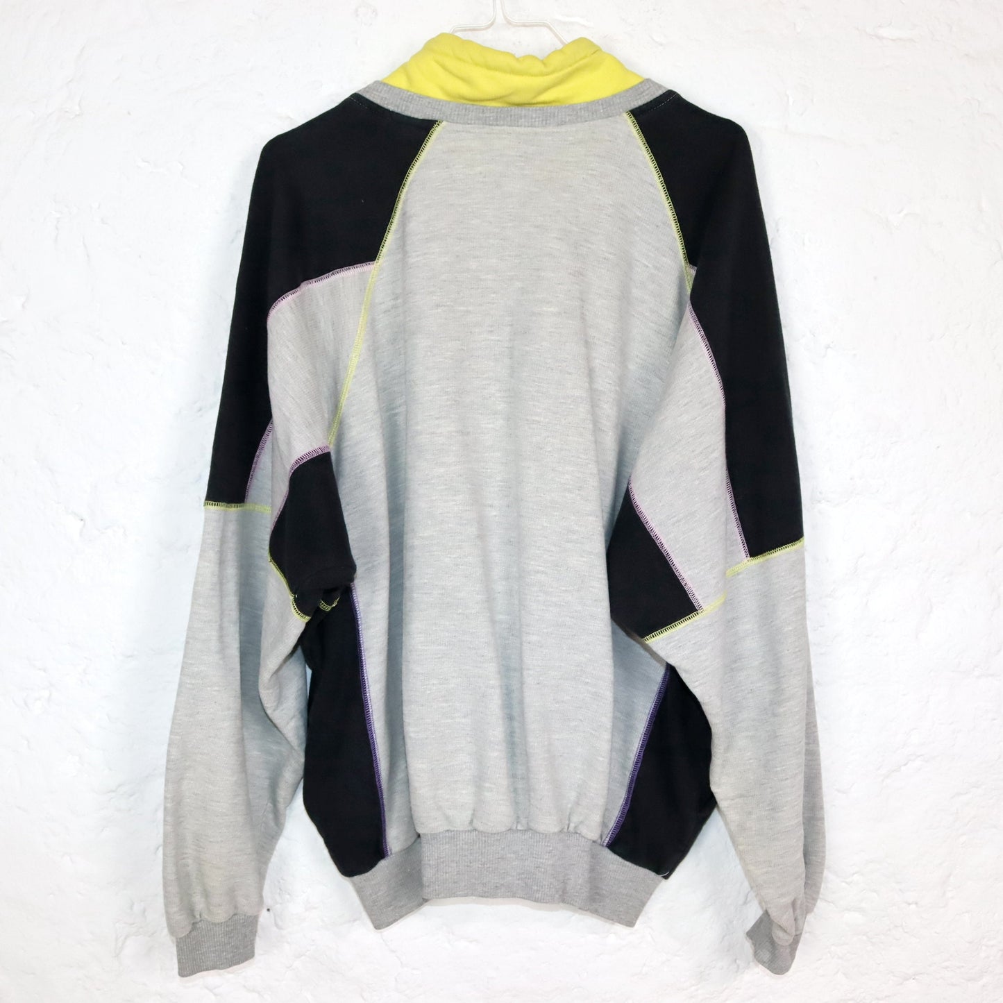 Vintage 80er 90er JOWITEX Sweatshirt Pullover Stehkragen Reißverschluss Print grau schwarz gelb L