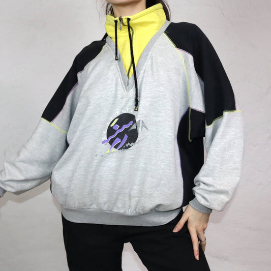 Vintage 80er 90er JOWITEX Sweatshirt Pullover Stehkragen Reißverschluss Print grau schwarz gelb L