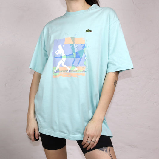 Vintage 80s 90s LACOSTE T-Shirt short sleeve print turquoise 5 L