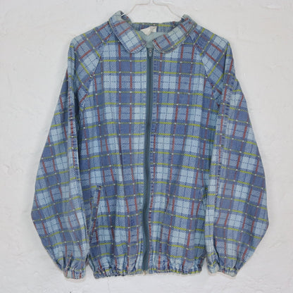 Vintage 80er 90er Jeansjacke Bomberjacke Jacke kariert Denim gelb rot blau 38