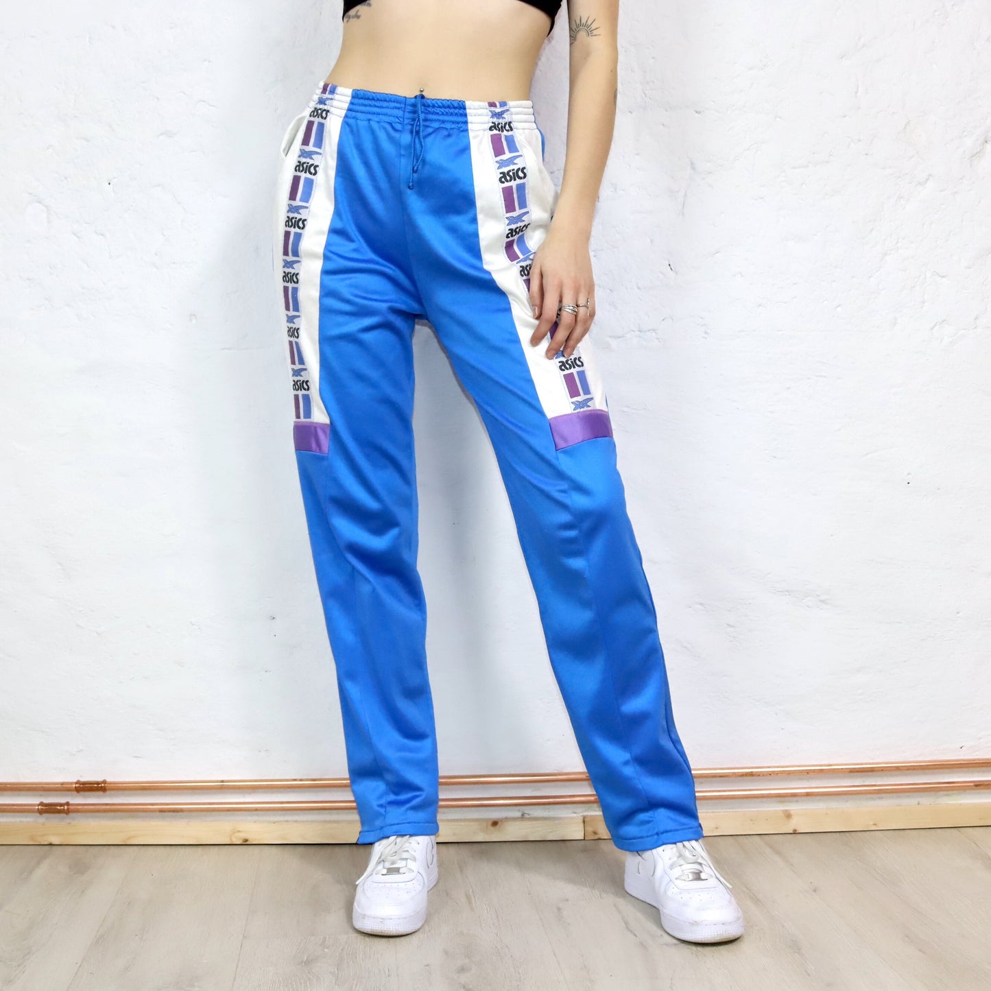 Vintage 80s 90s ASICS jogging pants training pants blue white shiny 50 L