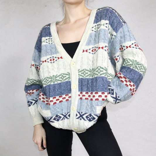 Vintage 80s 90s GIO FERRARI Premium Cardigan Wool Patterned Beige Blue XL