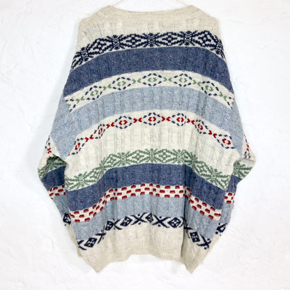 Vintage 80er 90er GIO FERRARI Premium Cardigan Strickjacke Wolle gemustert beige blau XL