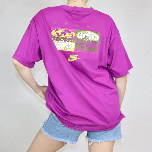 Vintage 80s 90s NIKE International T-Shirt short sleeve purple pink with print L