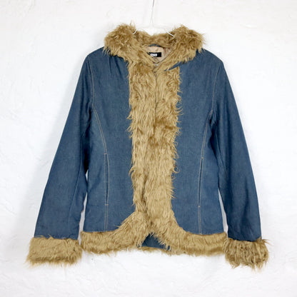 Vintage 00er Y2k NIKITA Jeansjacke leicht gefüttert mit Faux Fur Details Boho Schulterpolster Deadstock S