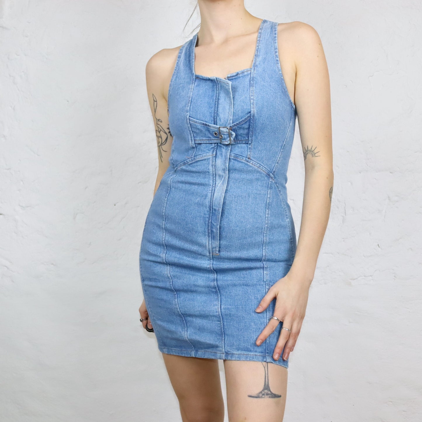 Vintage 80s 90s FLYTIME denim dress mini dress straps denim tight Made in Italy S/M