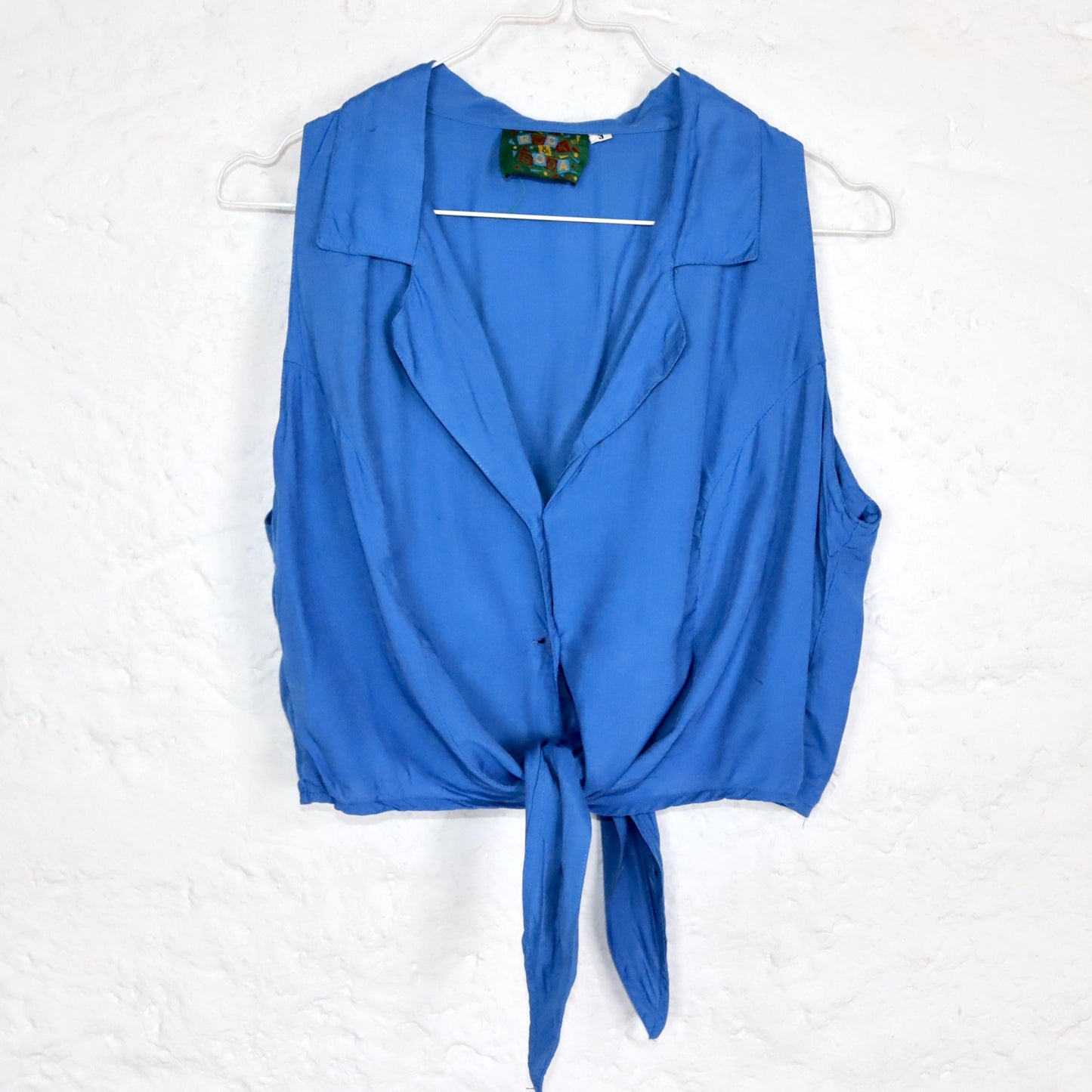 Vintage 80s 90s ROCK &amp; SODA blouse sleeveless tie blue crop belly-free M/L