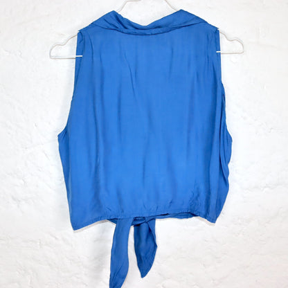 Vintage 80s 90s ROCK &amp; SODA blouse sleeveless tie blue crop belly-free M/L