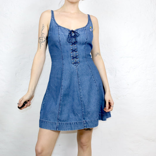Vintage 80s 90s denim dress mini dress short dress denim embroidery details 38