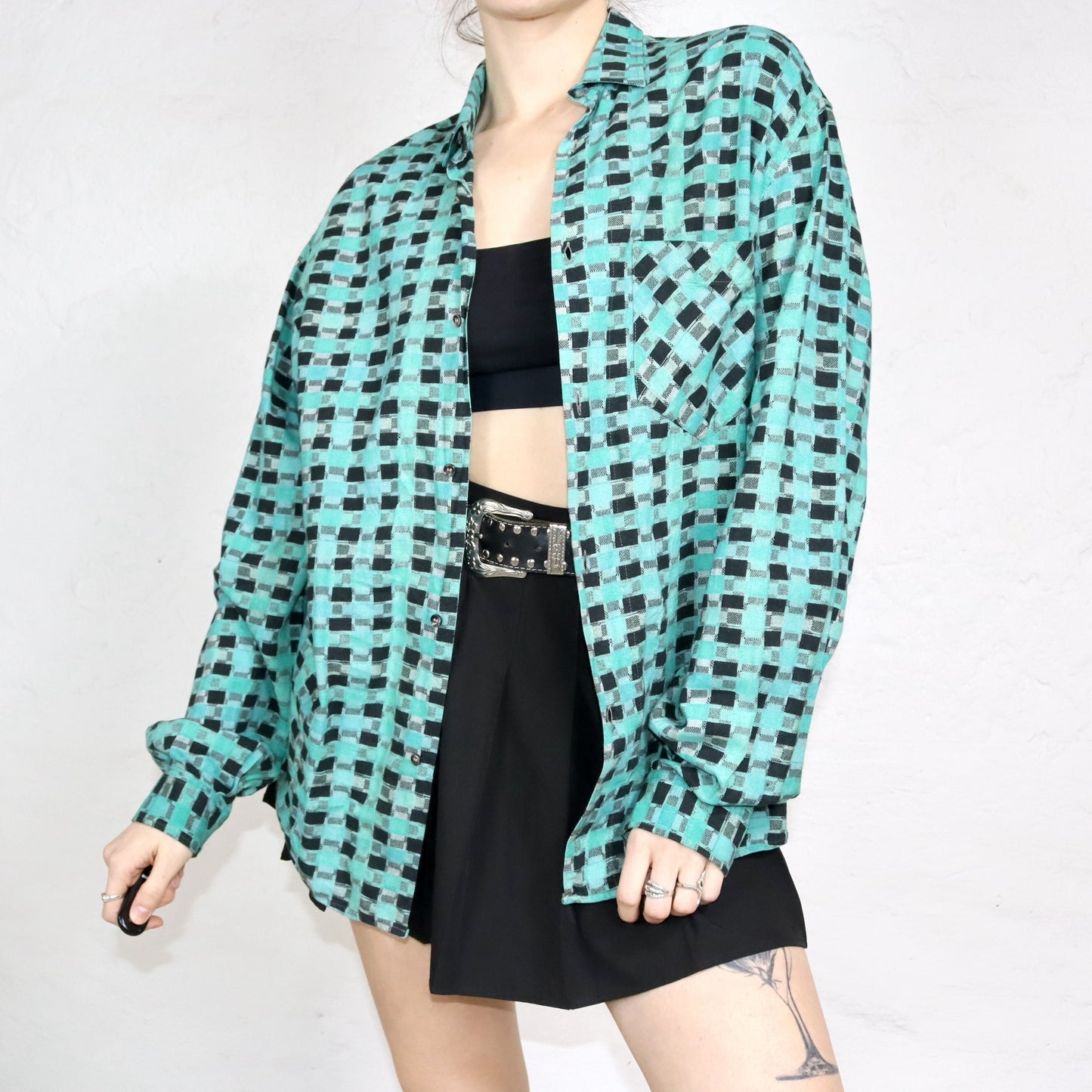 Vintage 80s 90s OHAIO shirt long sleeve crazy pattern checked black green L