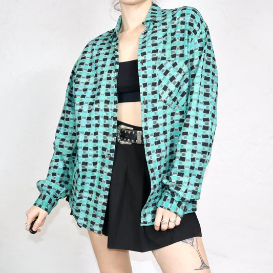 Vintage 80s 90s OHAIO shirt long sleeve crazy pattern checked black green L