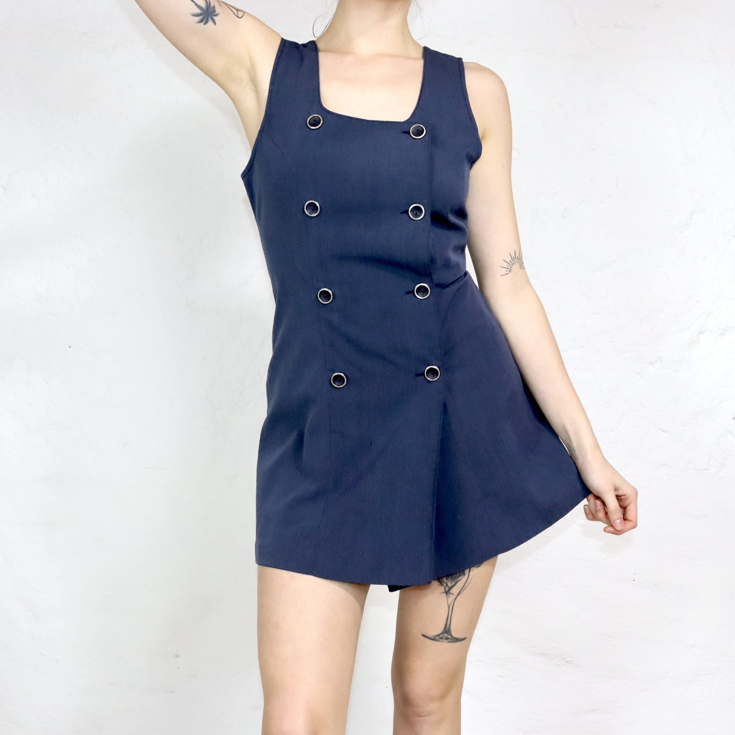 Vintage 80er 90er Minikleid Blazerkleid ärmellos Knopfreihen dunkelblau Made in Italy S