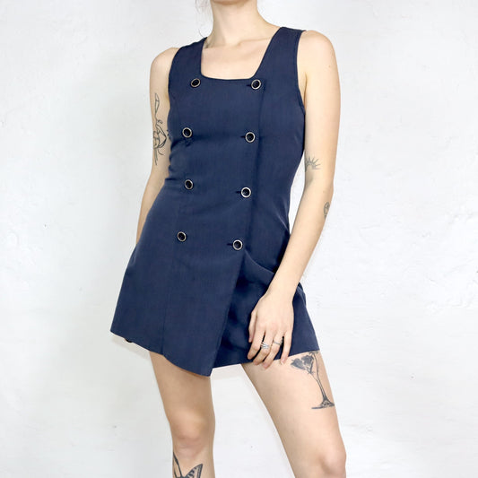 Vintage 80s 90s mini dress blazer dress sleeveless button rows dark blue Made in Italy S