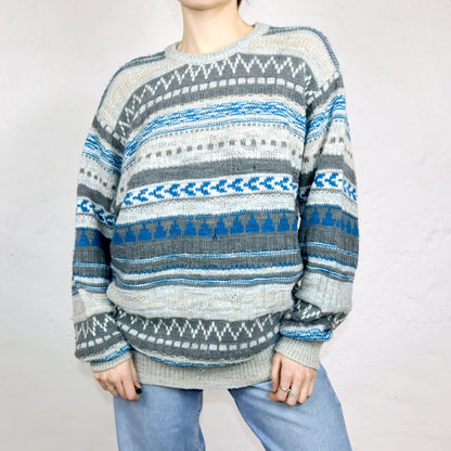Vintage 80er 90er BENETTON Wollpullover Pullover wolle gemustert blau weiß grau 50 L