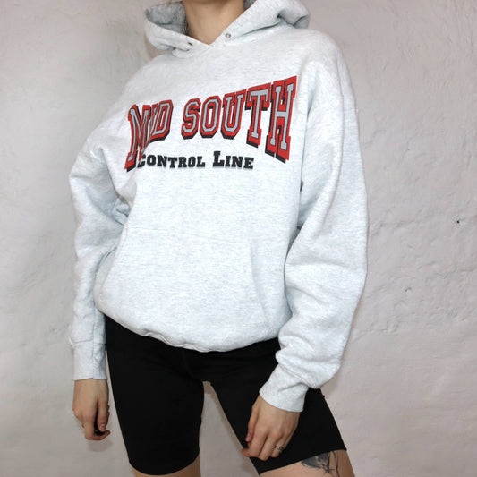 Vintage 80er 90er FRUIT of the Loom Hoodie Pullover Mid South grau rot L