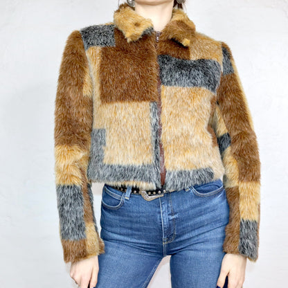 Vintage 90s 00s Y2k ORSAY fur jacket faux fur pattern brown grey with collar 40