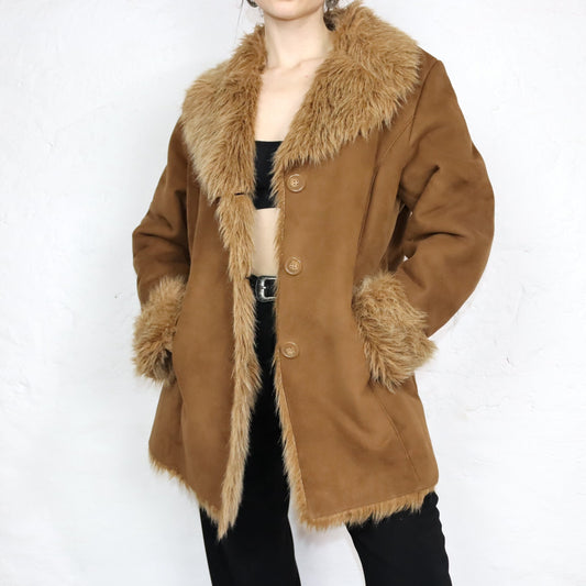 Vintage 80s 90s BIAGGINI coat jacket faux fur brown suede look 44