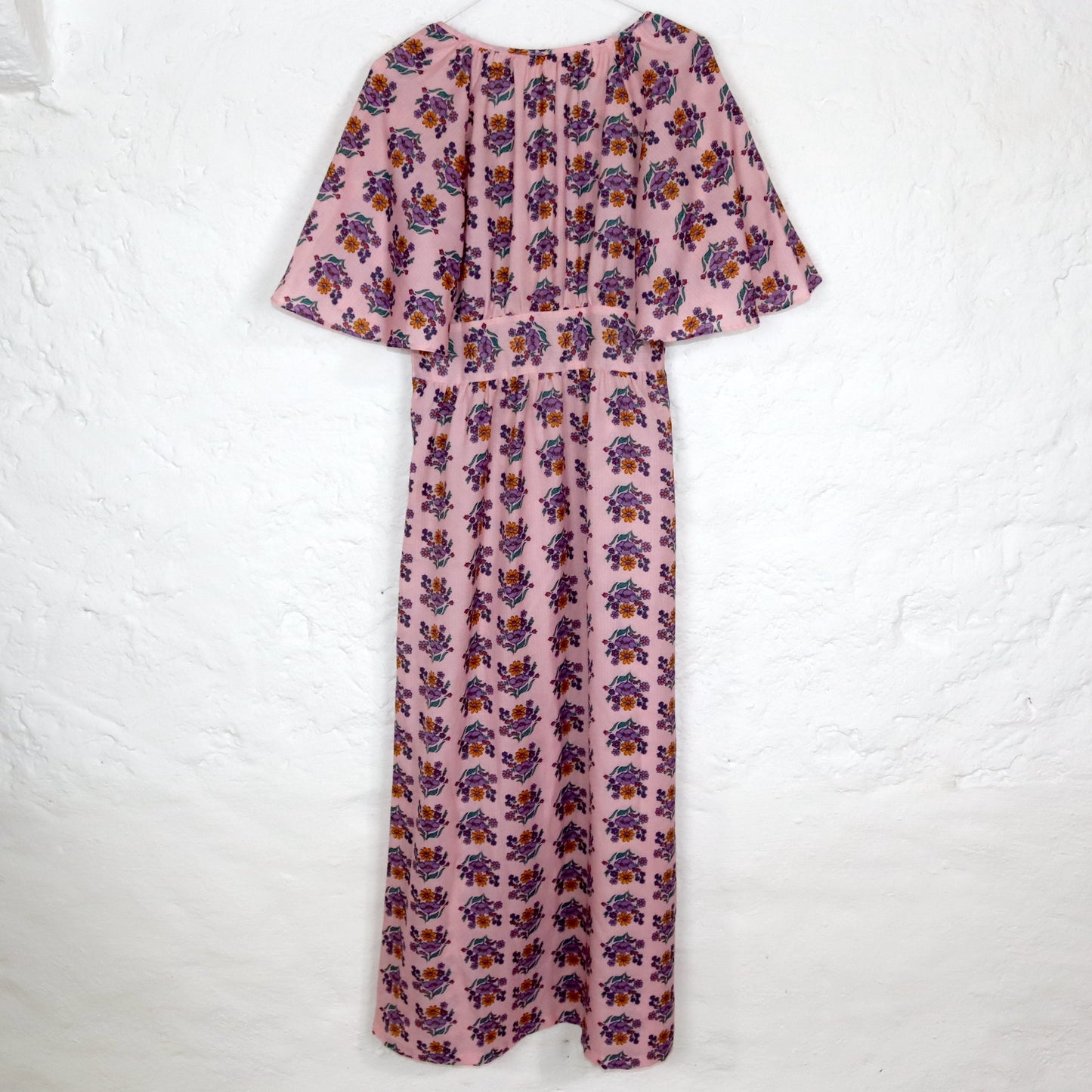 Vintage 80s 90s VEB Auerbach maxi dress short sleeve floral pattern colorful pink DDR S