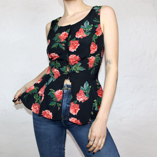Vintage 80er 90er NICOWA Peplumbluse Bluse ärmellos Blumenmuster Seide Peplum Made in W.-Germany 38