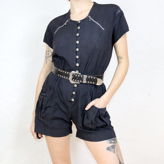 Vintage 80s 90s GIUJUSA one-piece jumpsuit short sleeve button row zips black M