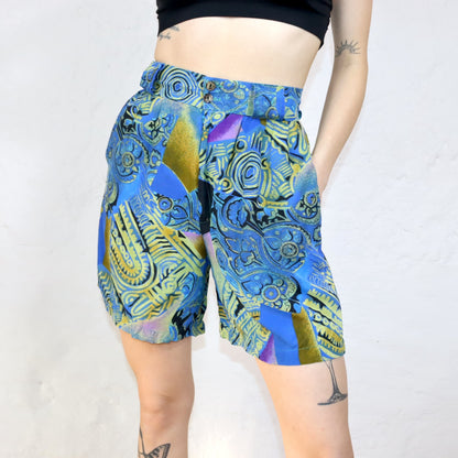 Vintage 80er 90er Bermudashorts kurze Hose crazy pattern blau bunt highwaist Made in Italy S